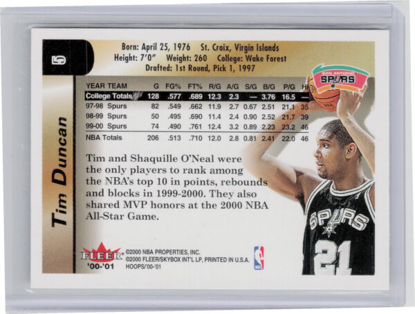 2000-01 Hoops Hot Prospects Tim Duncan #5 Spurs - Image 3