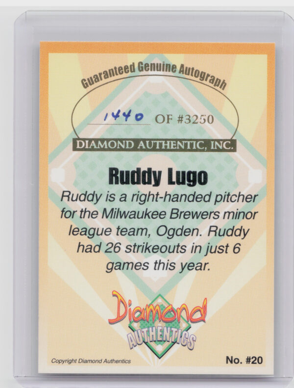 2000 Diamond Authentics Autographs Ruddy Lugo AU SN3250 #20 Raptors - Image 3