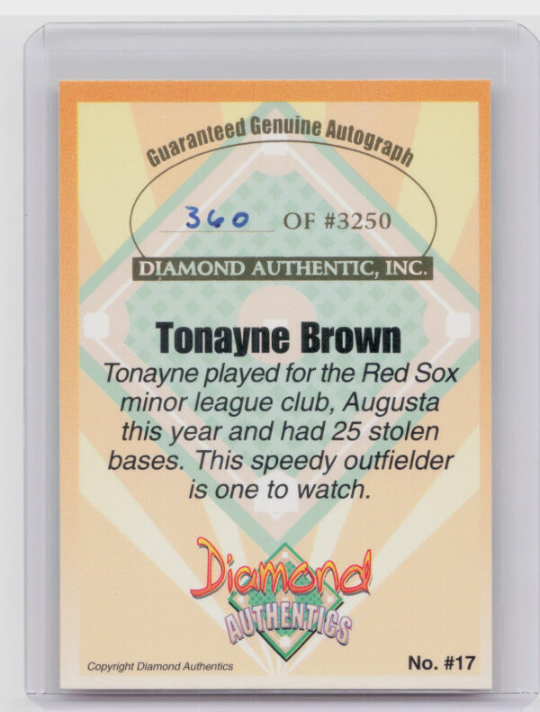 2000 Diamond Authentics Autographs Tonayne Brown AU SN3250 #17 GreenJackets - Image 3
