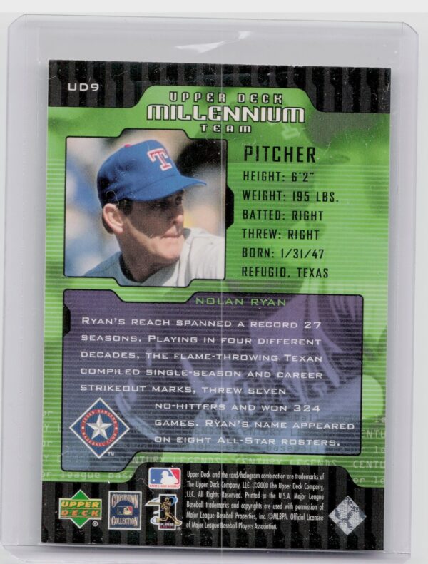 2000 Upper Deck Legends Nolan Ryan #UD9 Rangers Millennium Team - Image 3