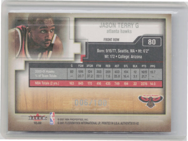 2001-02 Fleer Authentix Jason Terry Front Row Parallel SN100 #80 Hawks - Image 3