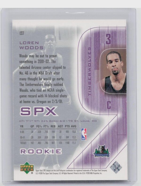 2001-02 SPx Loren Woods RC SN1999 #137 Timberwolves - Image 3