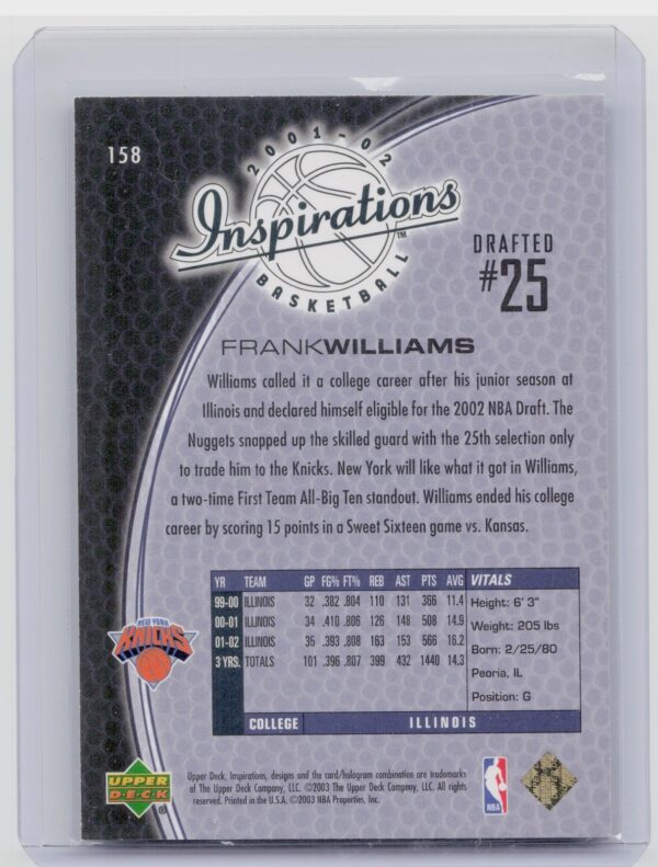 2001-02 Upper Deck Inspirations Frank Williams SN2699 #158 Knicks - Image 3