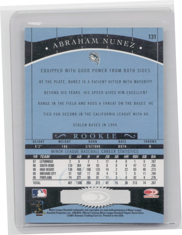 2001 Donruss Classics Abraham Nunez AU #131 Marlins Significant Signatures - Image 3