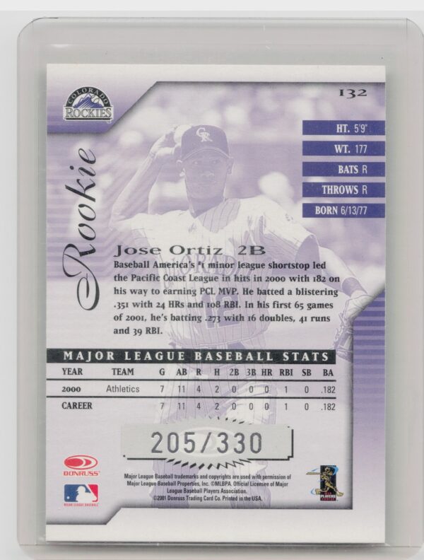 2001 Donruss Signature Jose Ortiz AU SN330 #132 Rockies - Image 3