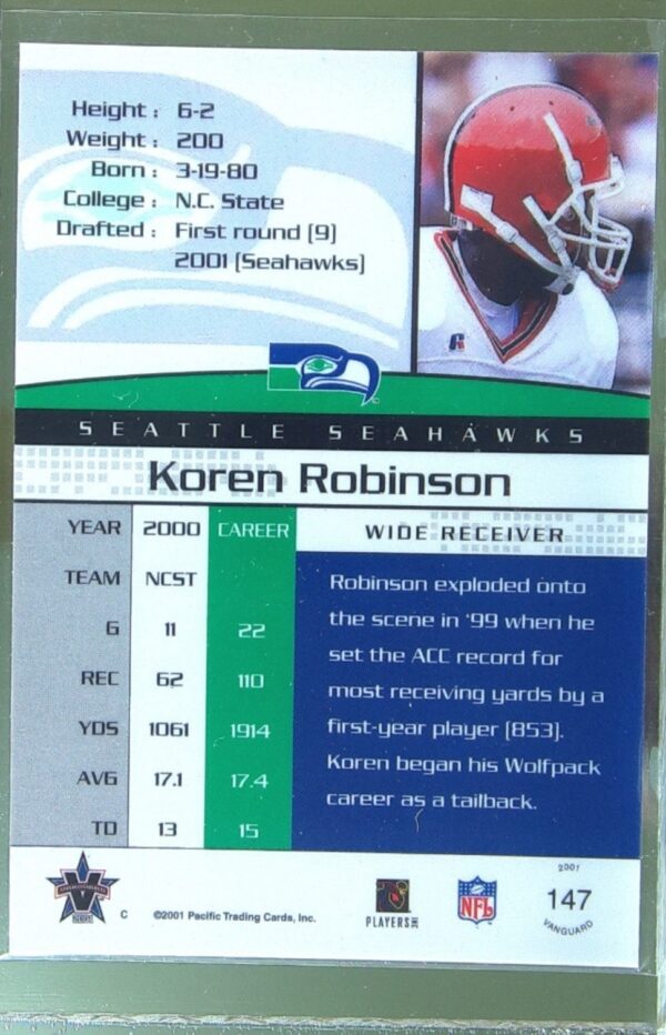 2001 Pacific Vanguard Koren Robinson /450 RC RC #147 Seahawks - Image 3