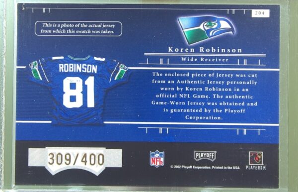 2001 Playoff Preferred Koren Robinson /400 RC JSY #204 Seahawks - Image 3