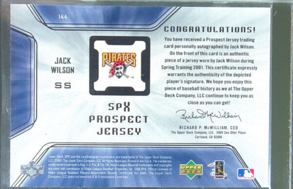 2001 SPx Jack Wilson RC Auto JSY #144 Pirates - Image 3