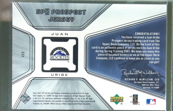 2001 SPx Juan Uribe RC JSY #133 Rockies - Image 3
