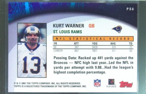 2001 Topps Kurt Warner #PS6 Rams Own the Game - Image 3