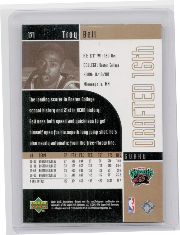 2002-03 Upper Deck Inspirations Troy Bell SN1499 #171 Grizzlies - Image 3