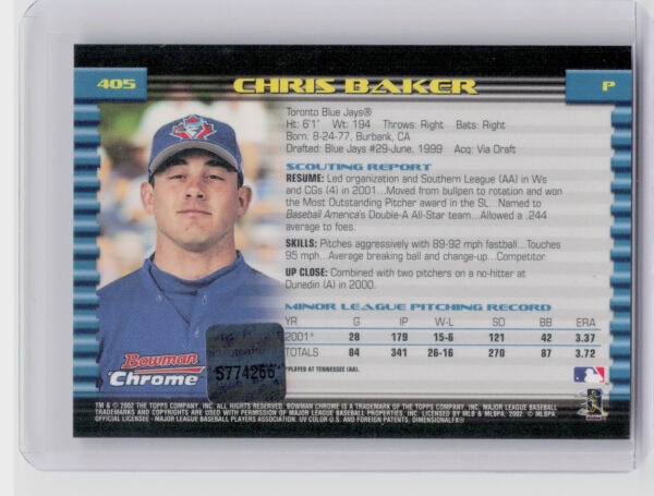 2002 Bowman Chrome Chris Baker AU RC #405 Jays - Image 3
