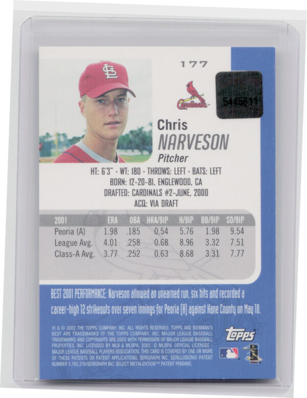 2002 Bowman's Best Chris Narveson AU RC #177 Cardinals - Image 3