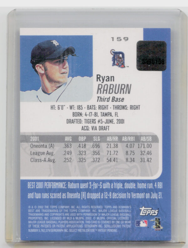 2002 Bowman's Best Ryan Raburn AU RC #159 Tigers - Image 3