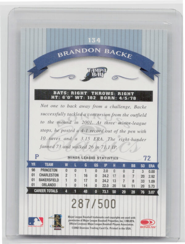 2002 Donruss Classics Brandon Backe AU SN500 #134 Rays Significant Signatures - Image 3