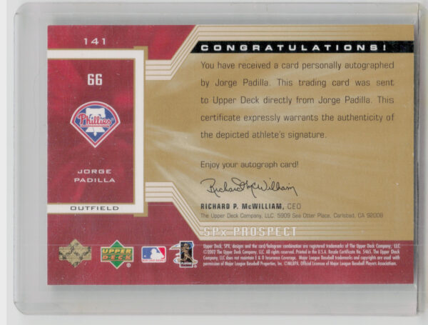 2002 SPx Jorge Padilla AU RC #141 Phillies - Image 3