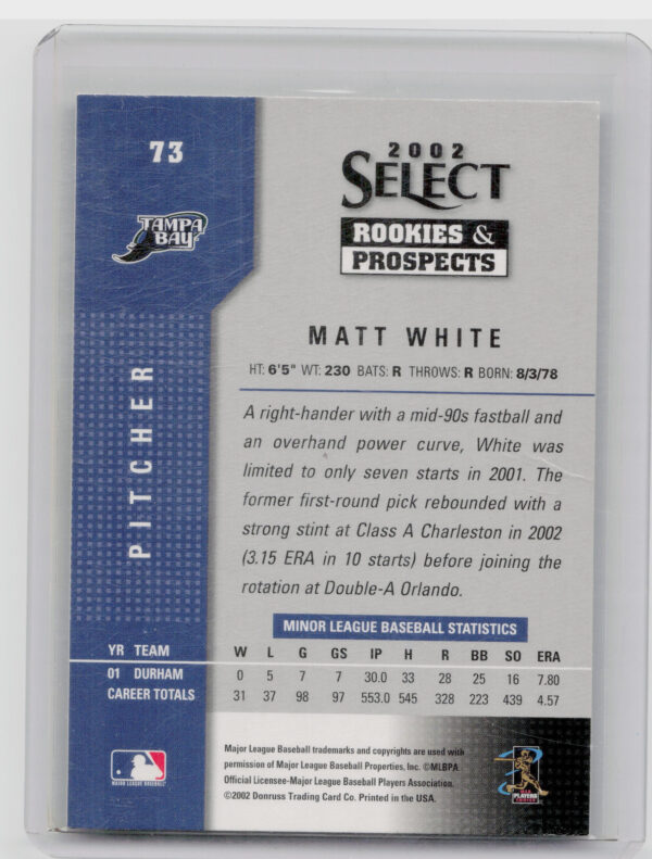 2002 Select Rookies & Prospects Matt White AU #73 Rays - Image 3