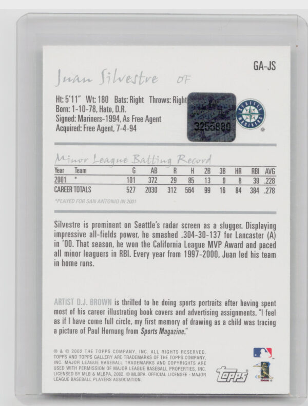 2002 Topps Gallery Juan Silvestre AU #GA-JS Mariners Autographs - Image 3