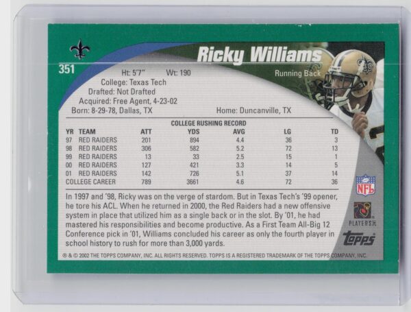2002 Topps Ricky Williams Topps Collection #351 Saints - Image 3