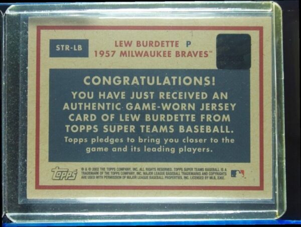 2002 Topps Super Teams Lew Burdette MEM #STR-LB Braves Relics - Image 3