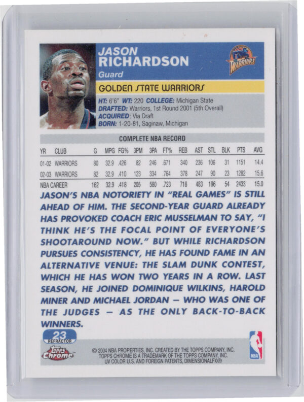 2003-04 Topps Chrome Jason Richardson Refractors #23 Warriors - Image 3