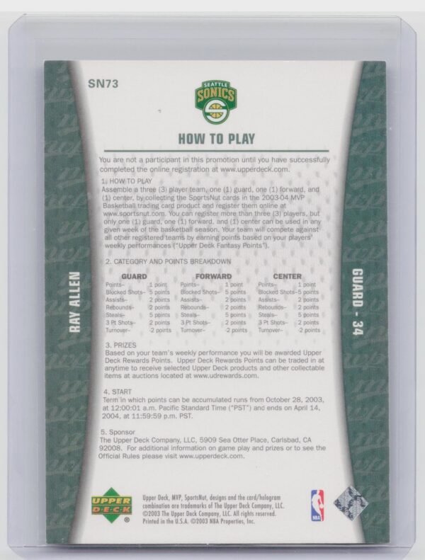 2003-04 Upper Deck MVP Ray Allen #/73 SuperSonics Sportsnut Fantasy game - Image 3