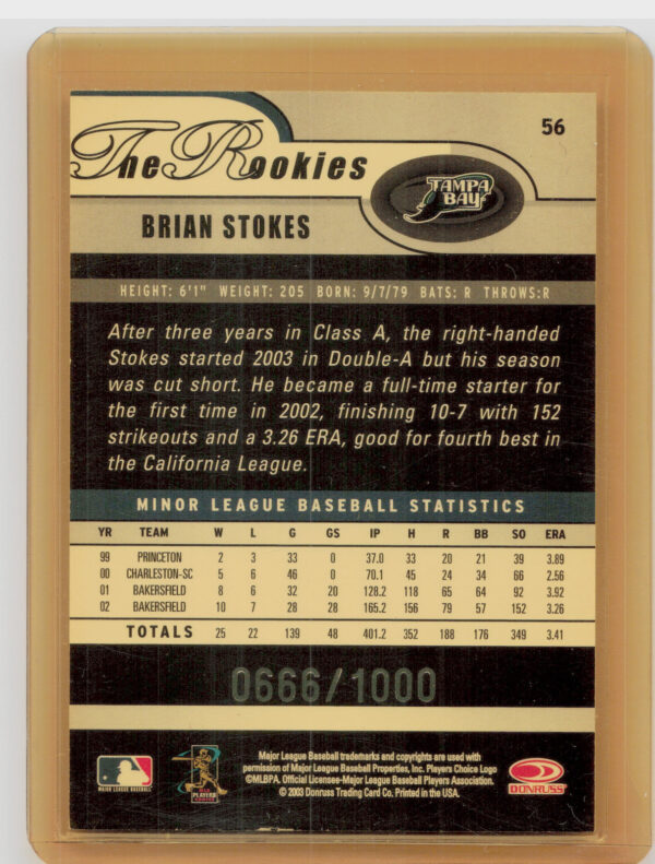 2003 Donruss/Leaf/Playoff (DLP) Rookies & Traded Brian Stokes 2003 Donruss Rooki - Image 3