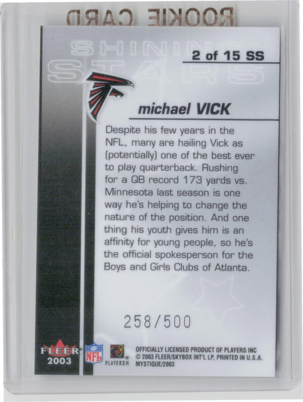 2003 Fleer Mystique Michael Vick SN500 #2 SS Falcons Shining Stars - Image 3