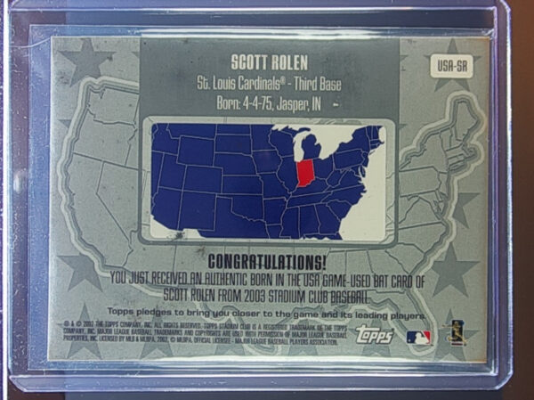 2003 Stadium Club Scott Rolen MEM #USA-SR Cardinals Born in the USA Relics - Image 3