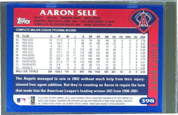 2003 Topps Aaron Sele Gold /2003 #398 Angels - Image 3