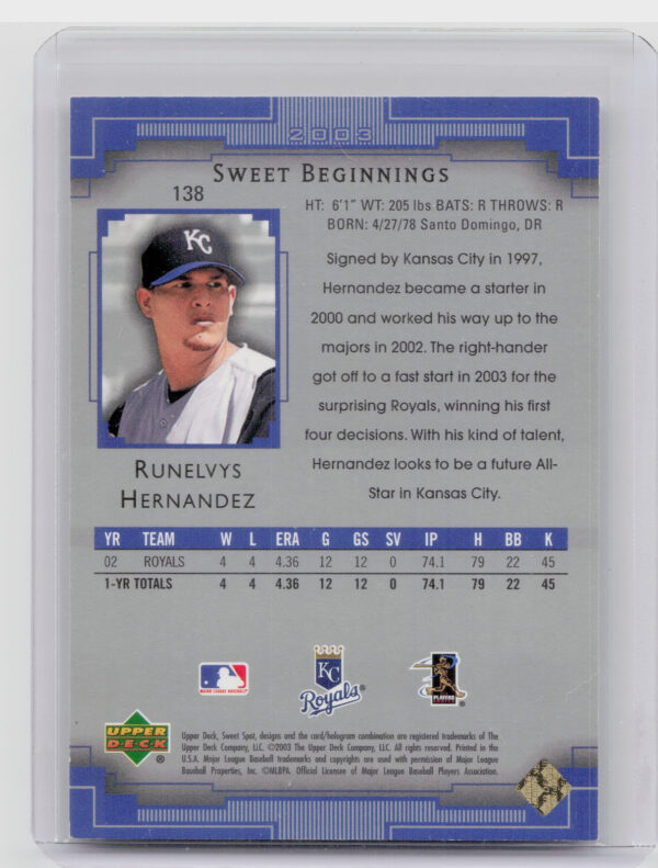 2003 Upper Deck Sweet Spot Runelvys Hernandez SN2003 #138 Royals - Image 3