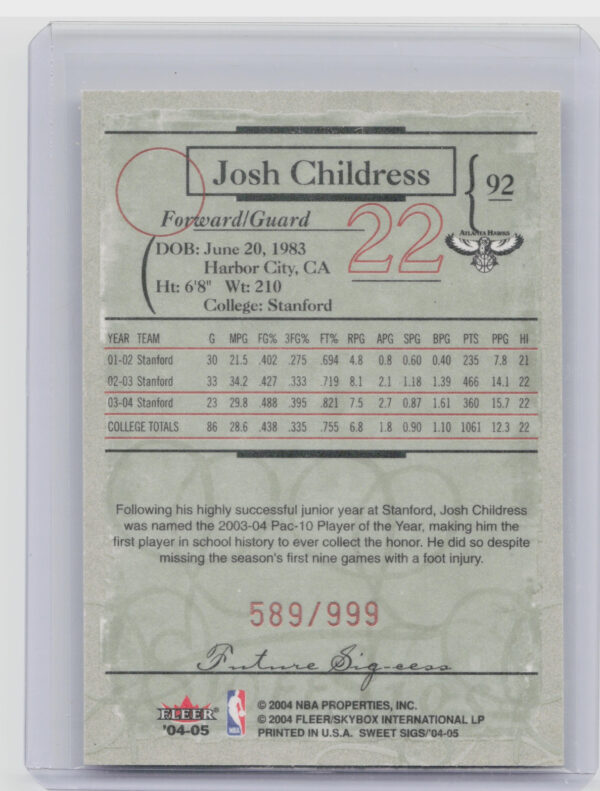 2004-05 Fleer Sweet Sigs Josh Childress RC SN999 #92 Hawks - Image 3