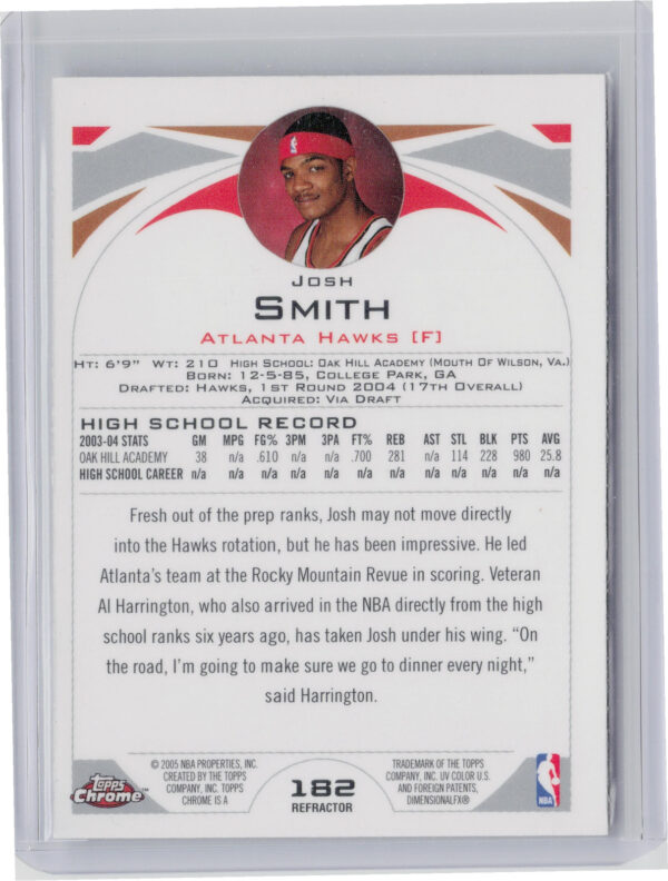 2004-05 Topps Chrome Josh Smith Refractors #182 Hawks - Image 3