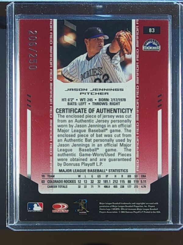 2004 Certified Materials Jason Jennings /250 JSY BAT #83 Rockies Mirror - Image 3