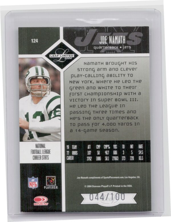 2004 Leaf Limited Joe Namath Bronze Spotlight SN100 #124 Jets - Image 3