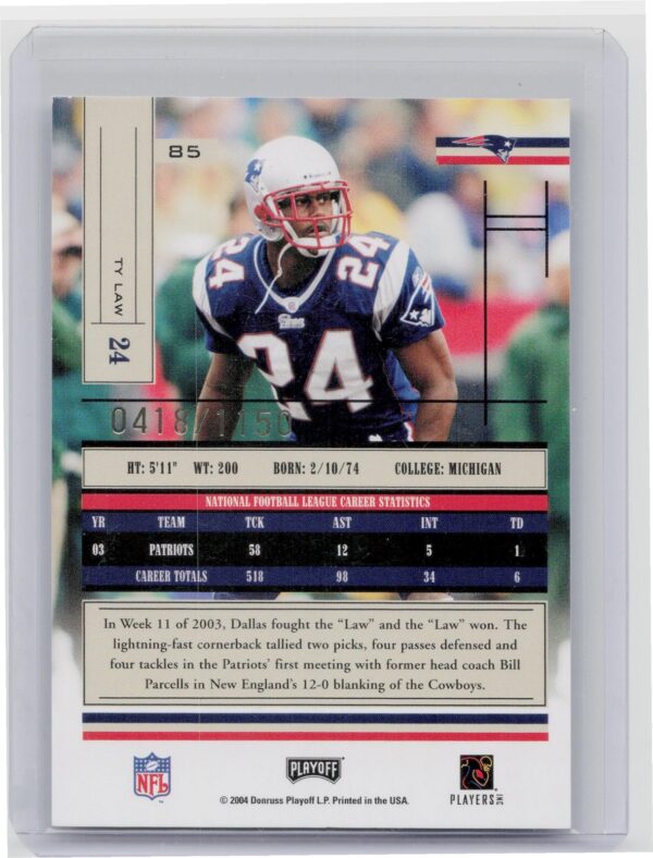 2004 Playoff Absolute Memorabilia Ty Law /1150 #85 Patriots - Image 3