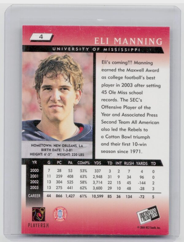 2004 Press Pass Eli Manning #4 Rebels - Image 3