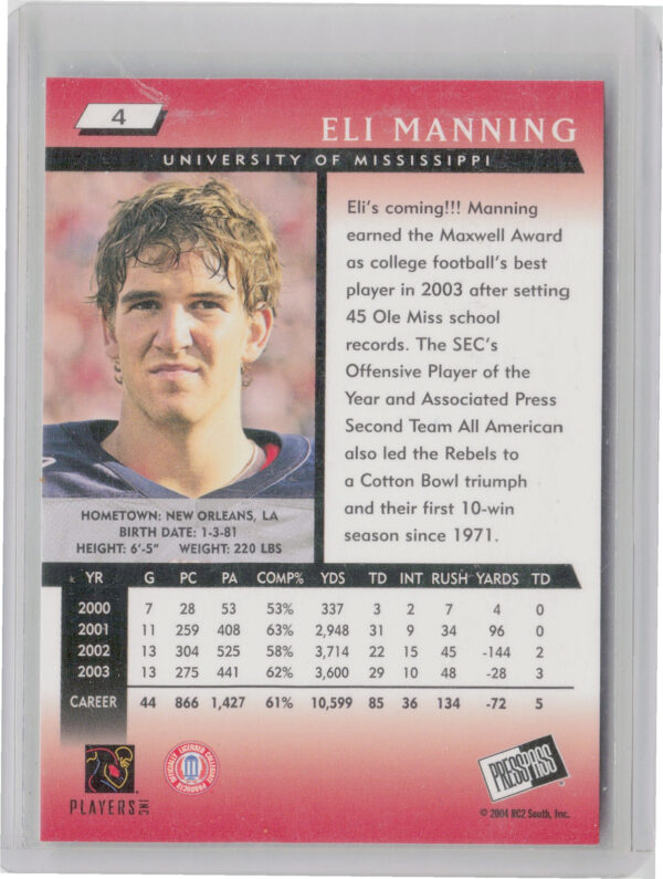 2004 Press Pass Eli Manning #4 Rebels - Image 3