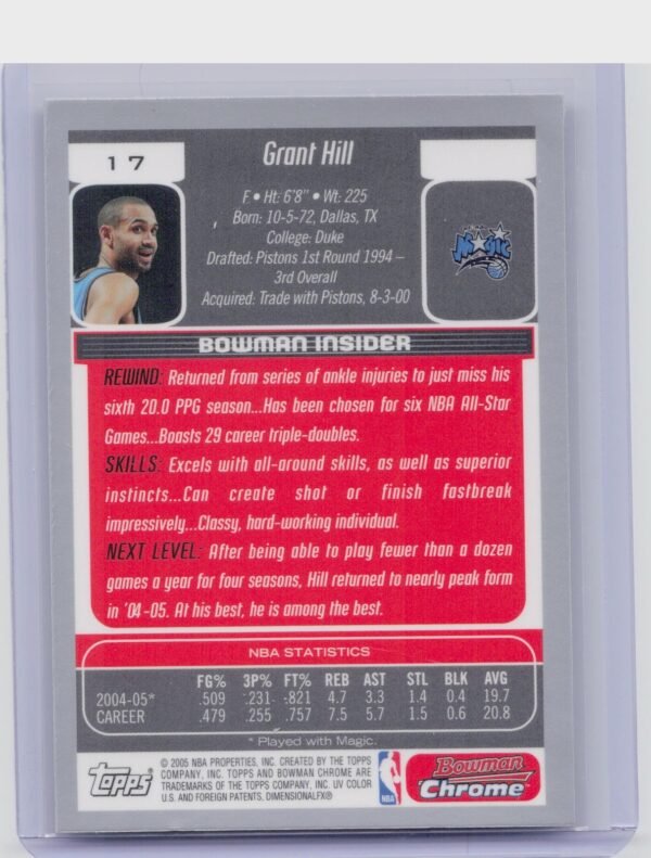 2005-06 Bowman Grant Hill Chrome #17 Magic - Image 3