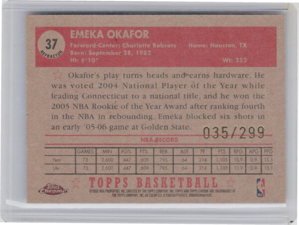 2005-06 Topps 1952 Style Emeka Okafor Chrome Refractors SN299 #37 Bobcats - Image 3