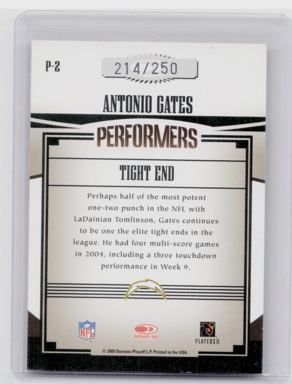 2005 Donruss Gridiron Gear Antonio Gates SN250 #P-2 Chargers Performers Silver H - Image 3