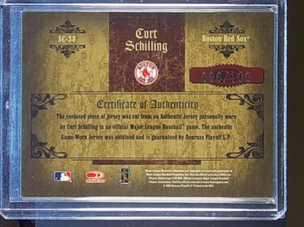 2005 Donruss Timeless Treasures Curt Schilling JSY /100 #SC-38 Sox Statistical - Image 3