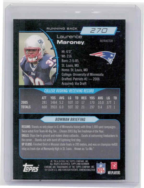 2006 Bowman Chrome Laurence Maroney Refractors #270 Patriots - Image 3