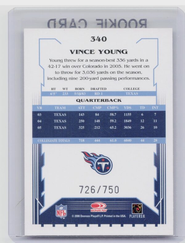 2006 Score Vince Young Scorecard /750 #340 Titans - Image 3