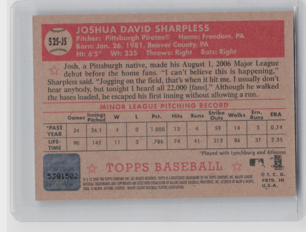 2006 Topps '52 Rookies Josh Sharpless AU #52S-JS Pirates Signatures - Image 3