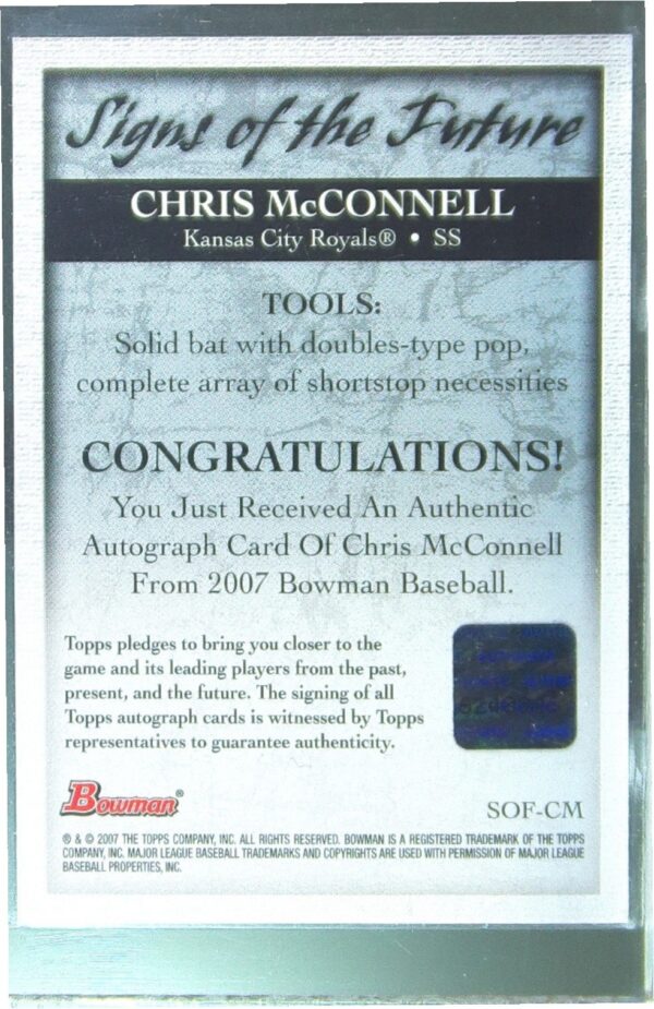 2007 Bowman Chris McConnell Auto #SOF-CM Royals Signs of the Future - Image 3