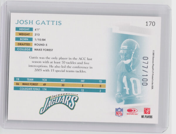 2007 Donruss Threads Josh Gattis Silver Holofoil SN100 #170 Jaguars - Image 3