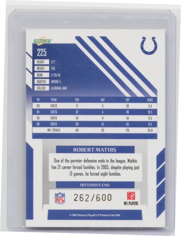 2007 Score Robert Mathis Gold Zone /600 #225 Colts - Image 3