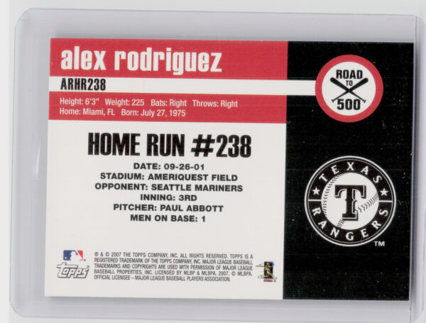 2007 Topps Chrome Alex Rodriguez #ARHR238 Rangers Alex Rodriguez: Road to 500 - Image 3