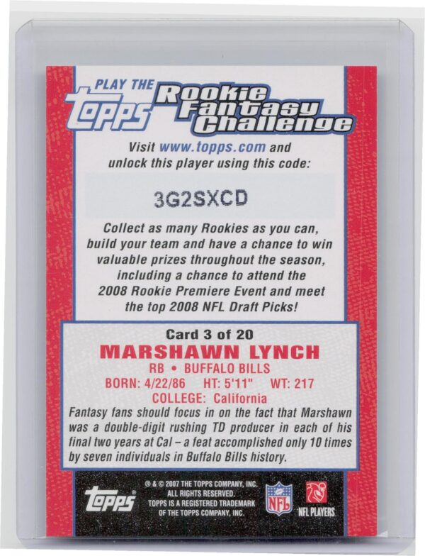 2007 Topps Marshawn Lynch #3 Bills Rookie Fantasy Challenge - Image 3